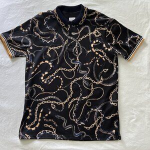 Men's Zara Gold Chain & Snake Polo, Navy with Knit Collar, Size Medium
